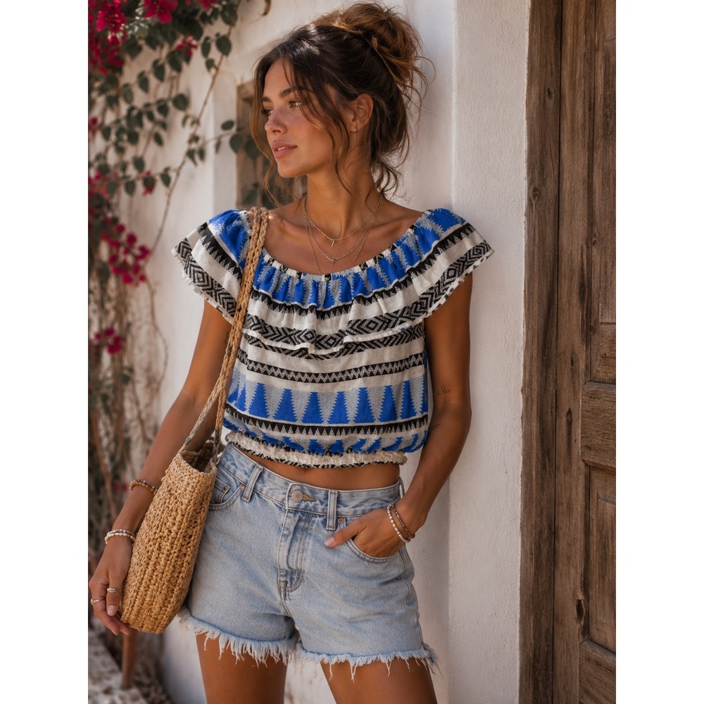 Elan Women Blue Geometric Tribal Print Off The Shoulder Ruffle Crop Top M NEW
